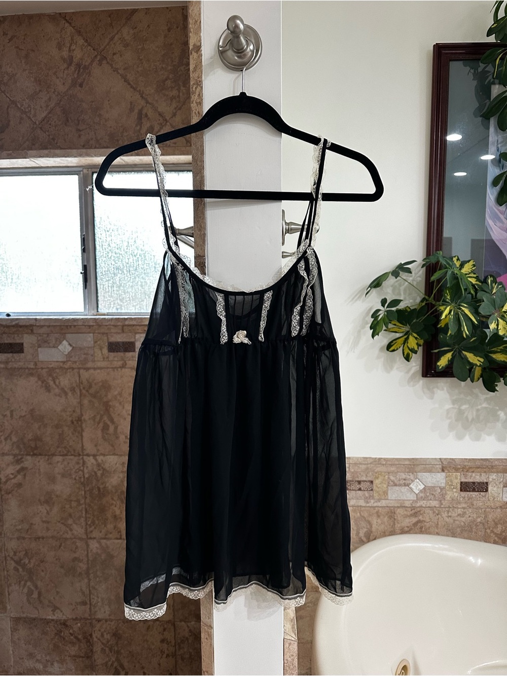 Vtg VS Victoria’s Secret Black Sheer Mesh Babydoll Slip Dress White Lace Trim L